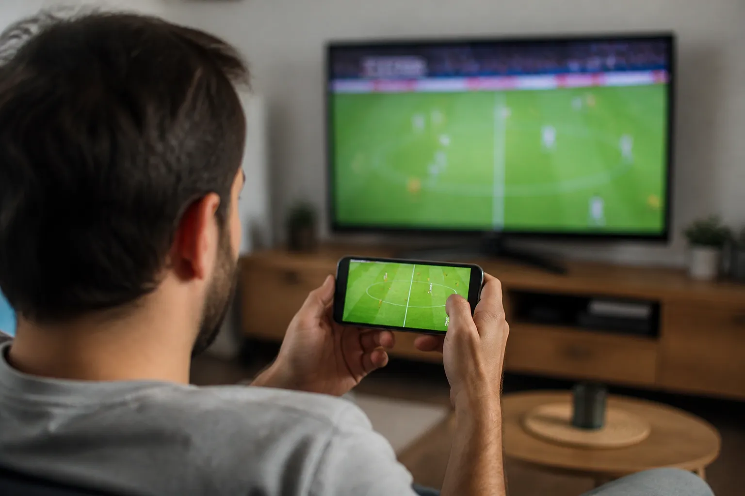 Imagem gerada por IA: Pessoa anônima acompanha futebol pelo celular diante de uma televisão.