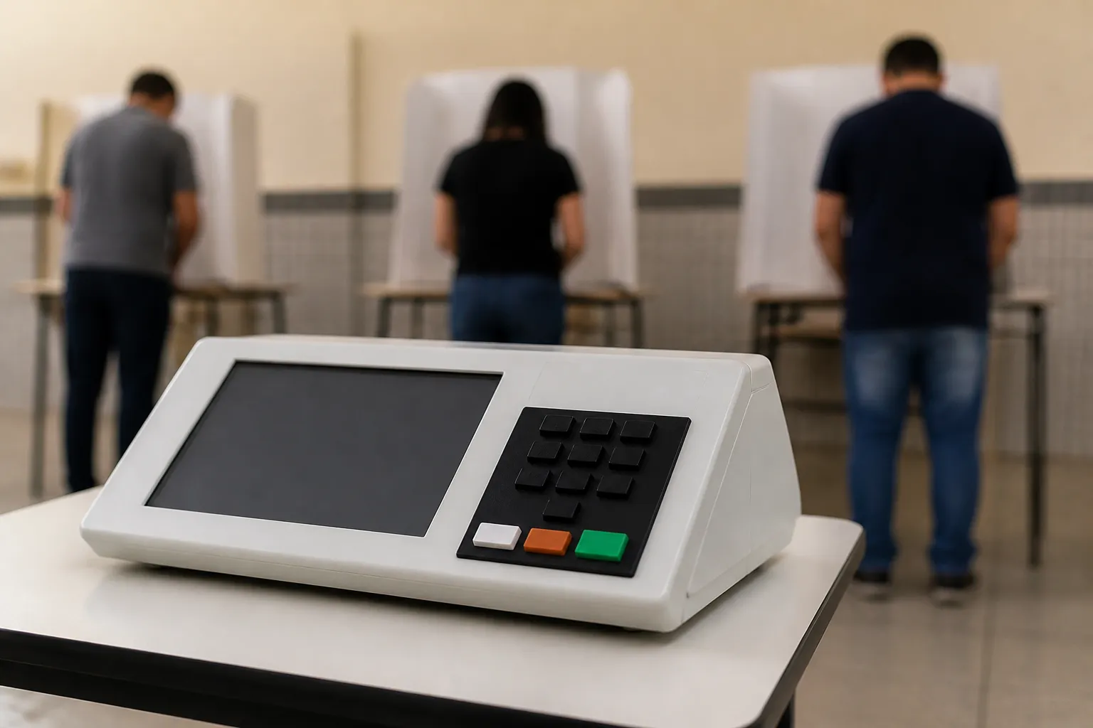 Imagem gerada por IA: Urna eletrônica em local de votação genérico, com eleitores anônimos ao fundo.