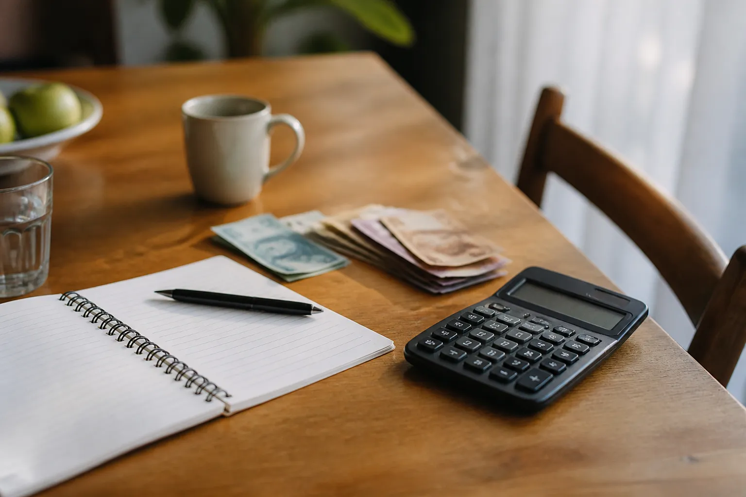Imagem gerada por IA: Mesa doméstica com calculadora, caderno de orçamento e dinheiro sem identificação
