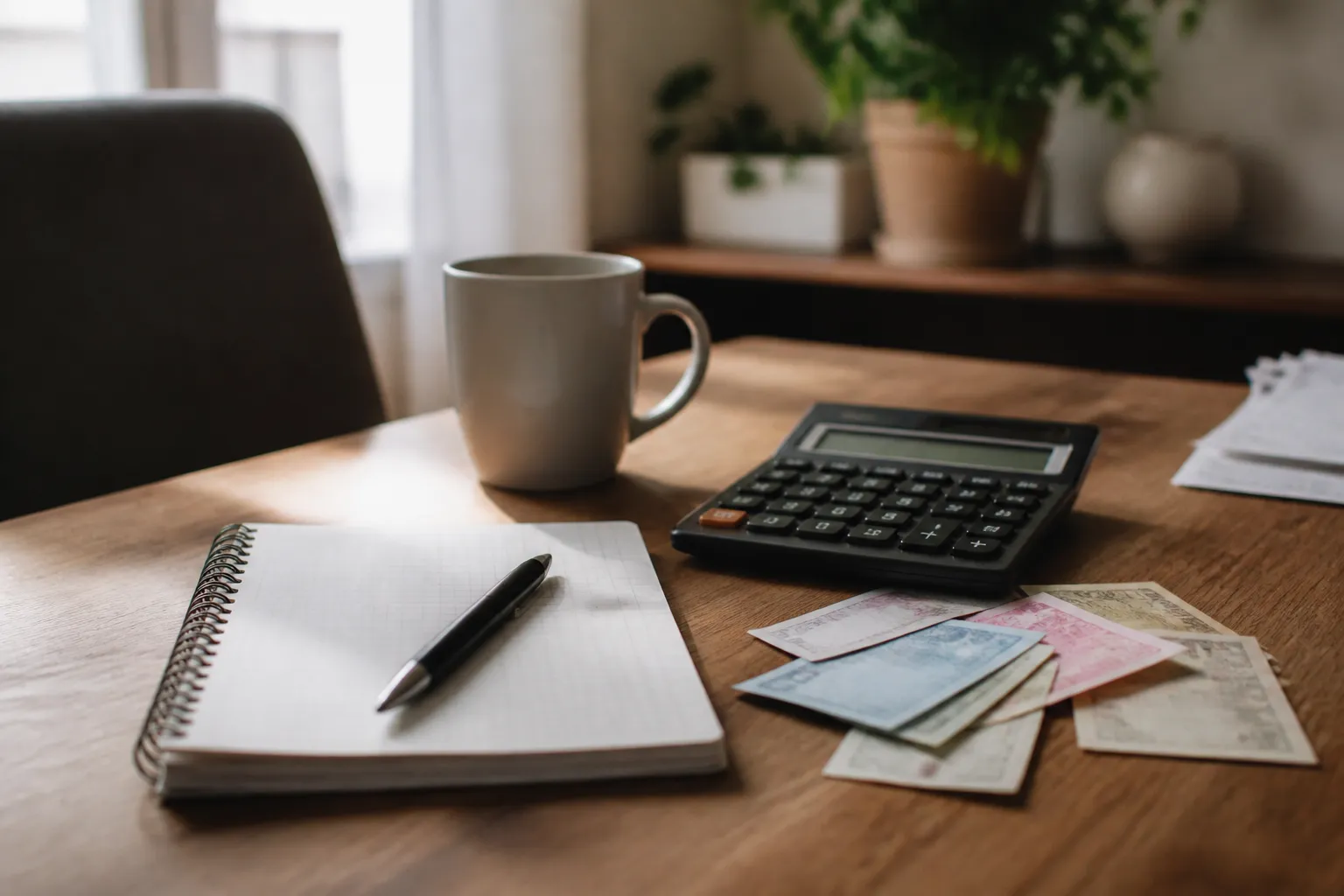 Imagem gerada por IA: Caderno de orçamento e calculadora sobre uma mesa doméstica