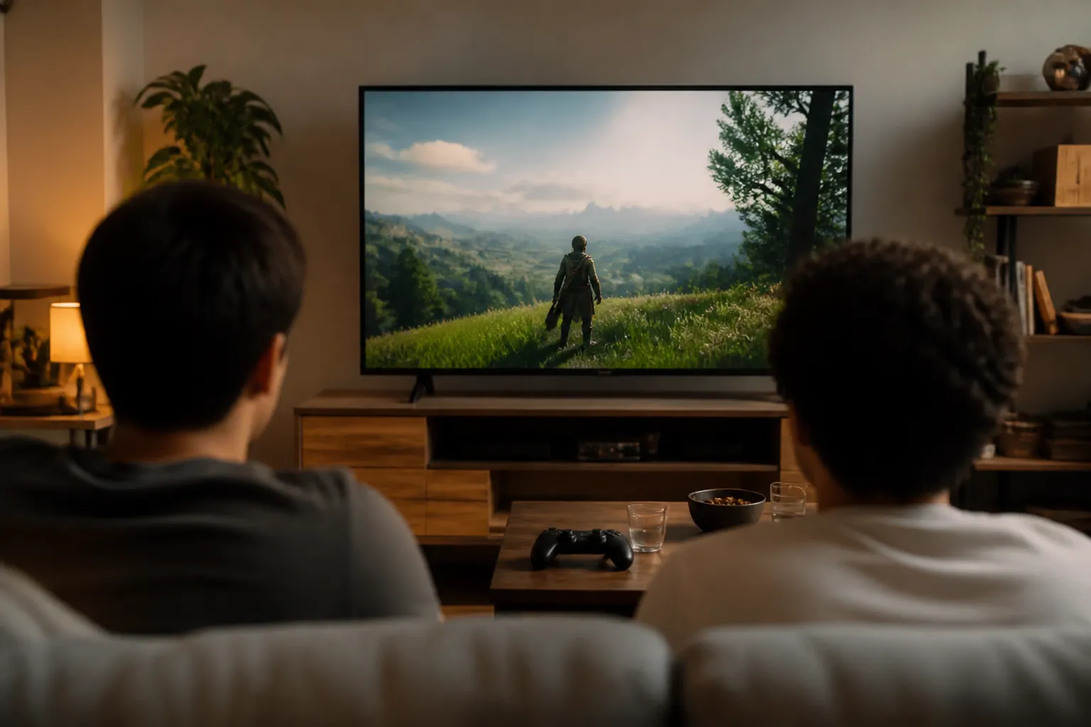 Imagem gerada por IA: Pessoas anônimas assistem a um jogo de mundo aberto em uma televisão.
