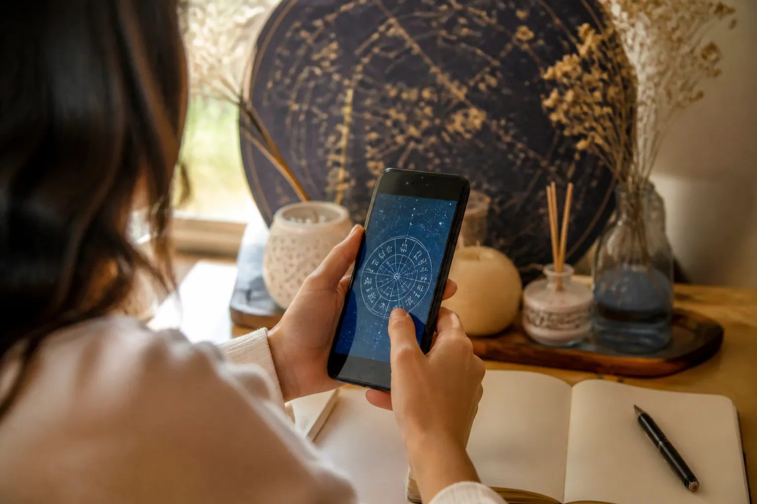 Imagem gerada por IA: Pessoa consulta conteúdo sobre signos no celular diante de um mapa celeste decorativo.