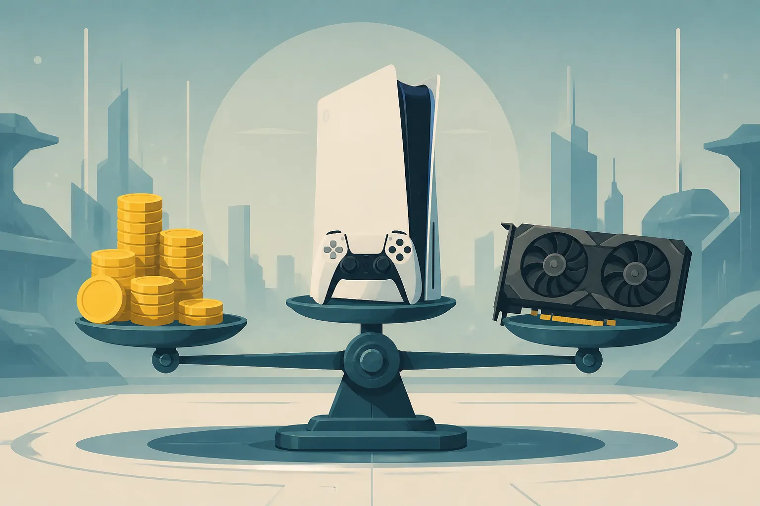 Console genérico equilibrado entre moedas e um chip gráfico.