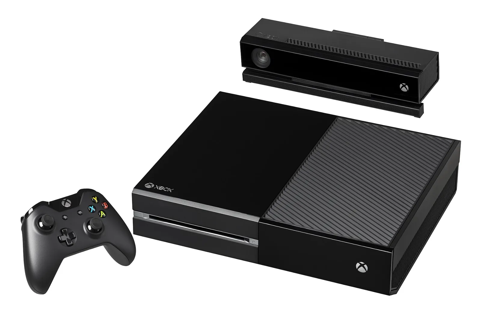 The Xbox One console, shown with the controller and the Kinect. Released in 2013 in North America and select markets, it is the third video game console made by Microsoft and succeeds the Xbox 360.