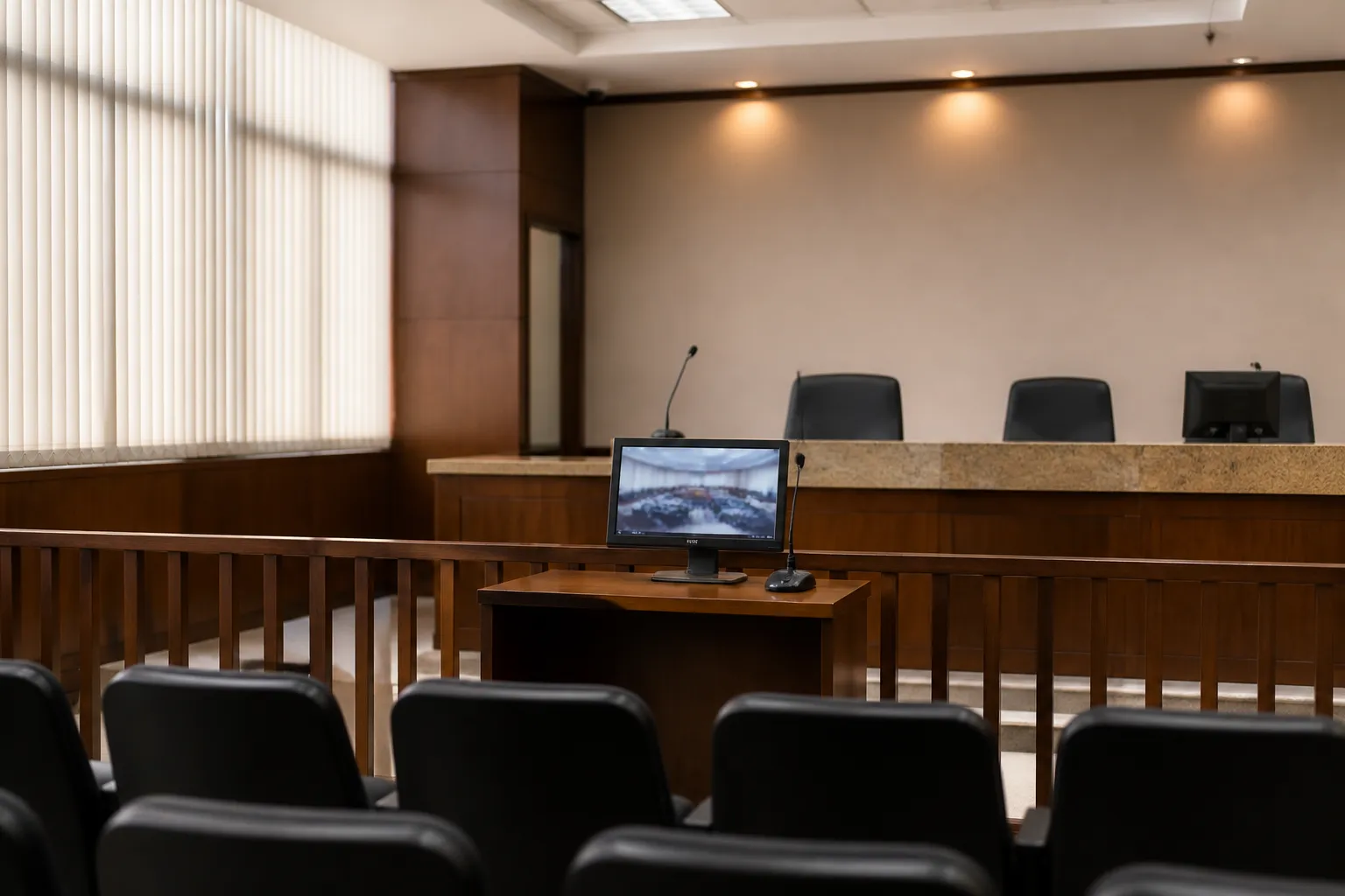 Imagem gerada por IA: Mesa de audiência com microfones e computador em uma sala institucional