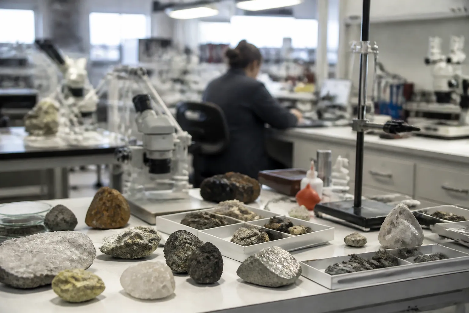 Imagem gerada por IA: Amostras minerais e equipamentos eletrônicos genéricos em uma bancada de laboratório.